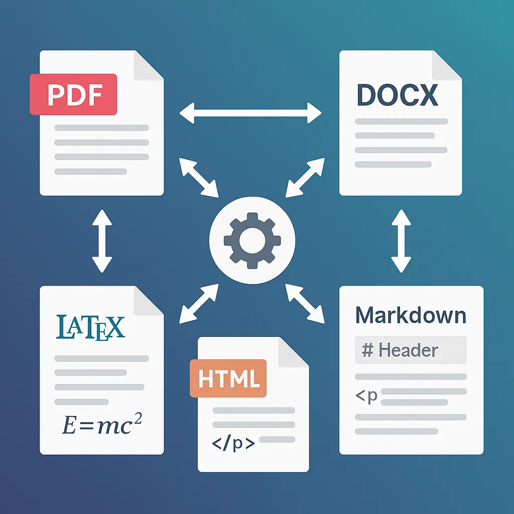 Document format converter showing bidirectional conversion between 21 formats including PDF, Word, Markdown, HTML, LaTeX, and more with preserved formatting