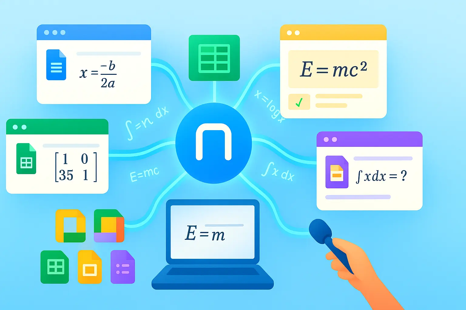 Student inserting math equations in Google Docs using voice, handwriting, OCR, LaTeX, and English description methods in MathPad sidebar