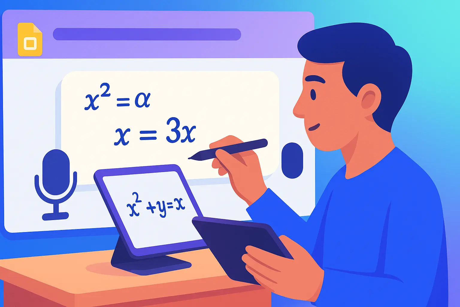 Presenter creating professional math slides in Google Slides using voice dictation and handwriting with MathPad on tablet
