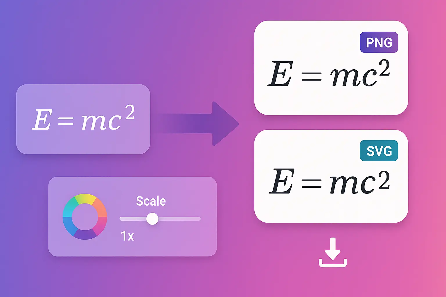Math renderer converting LaTeX equations to high-resolution PNG and SVG images with custom styling options