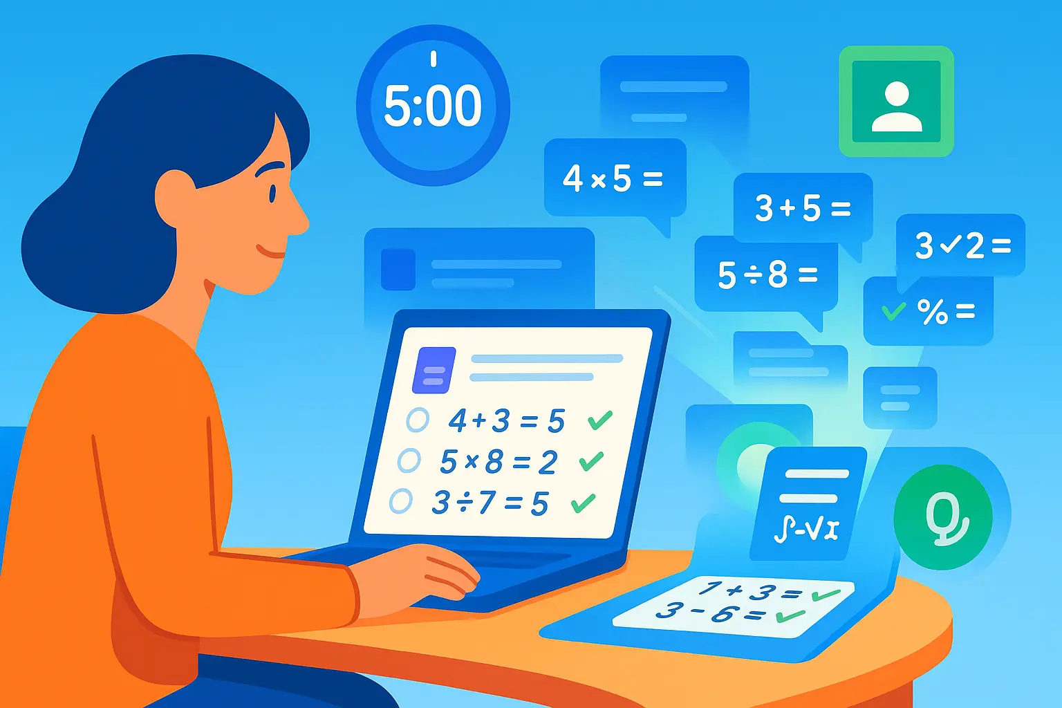 Student dictating math equations with voice into microphone, converting speech to LaTeX in Google Workspace apps with MathPad