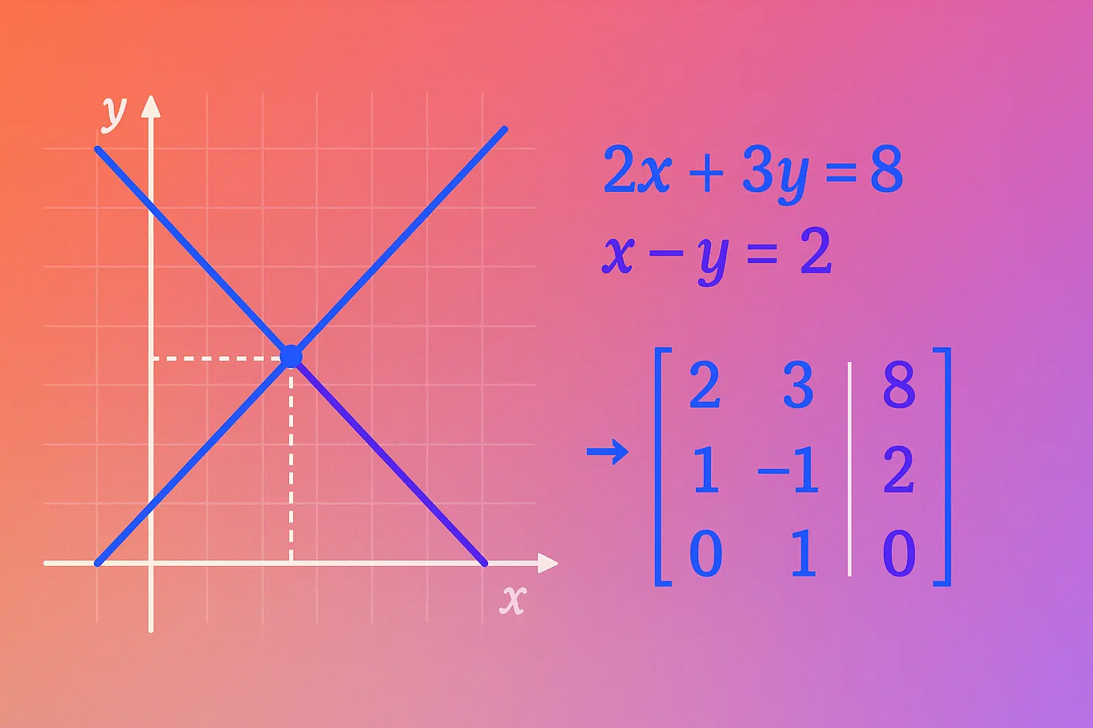 System of equations solver showing step-by-step solutions for 2x2 and 3x3 linear systems using substitution, elimination, and matrix methods